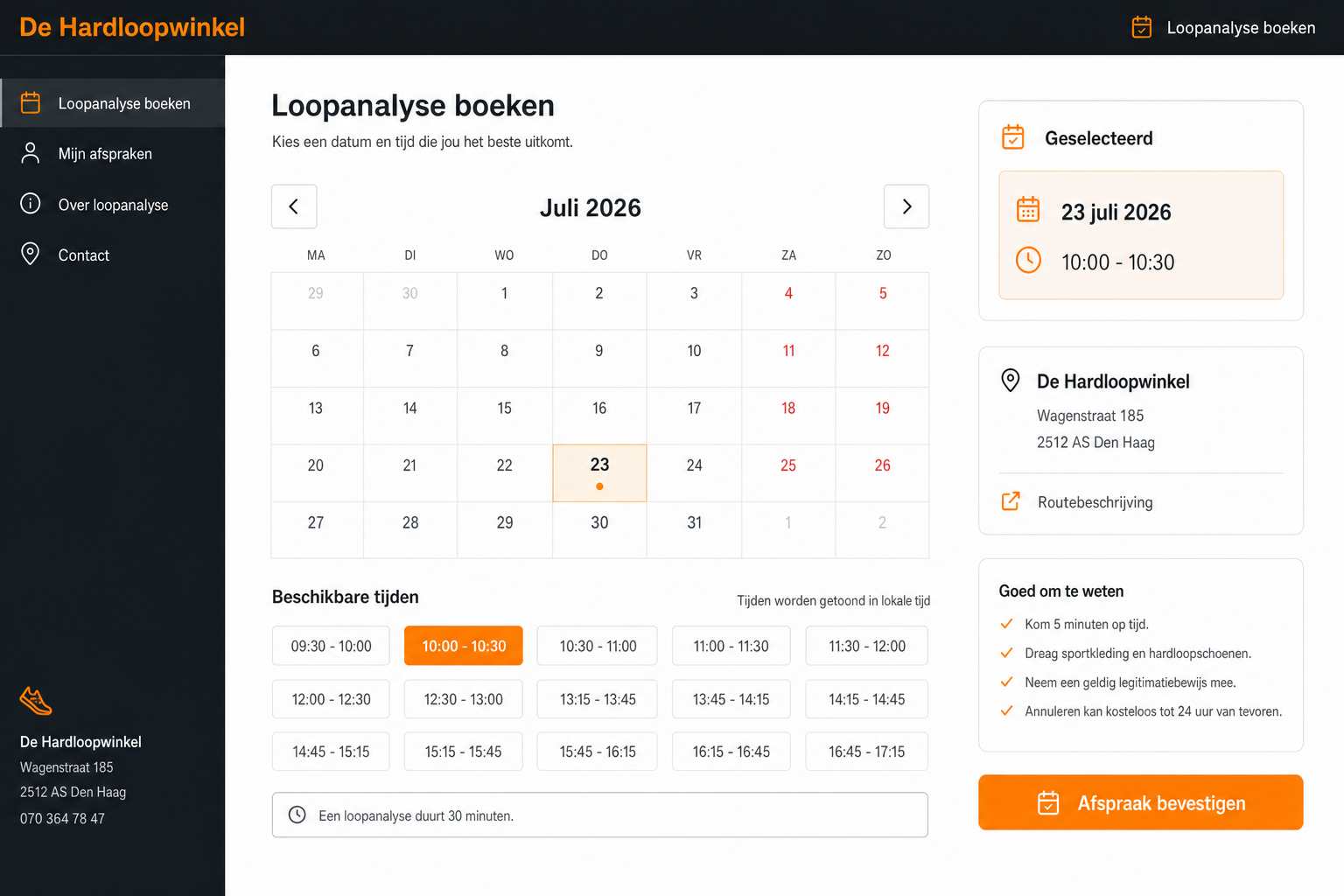 Screenshot van het De Hardloopwinkel boekingsscherm