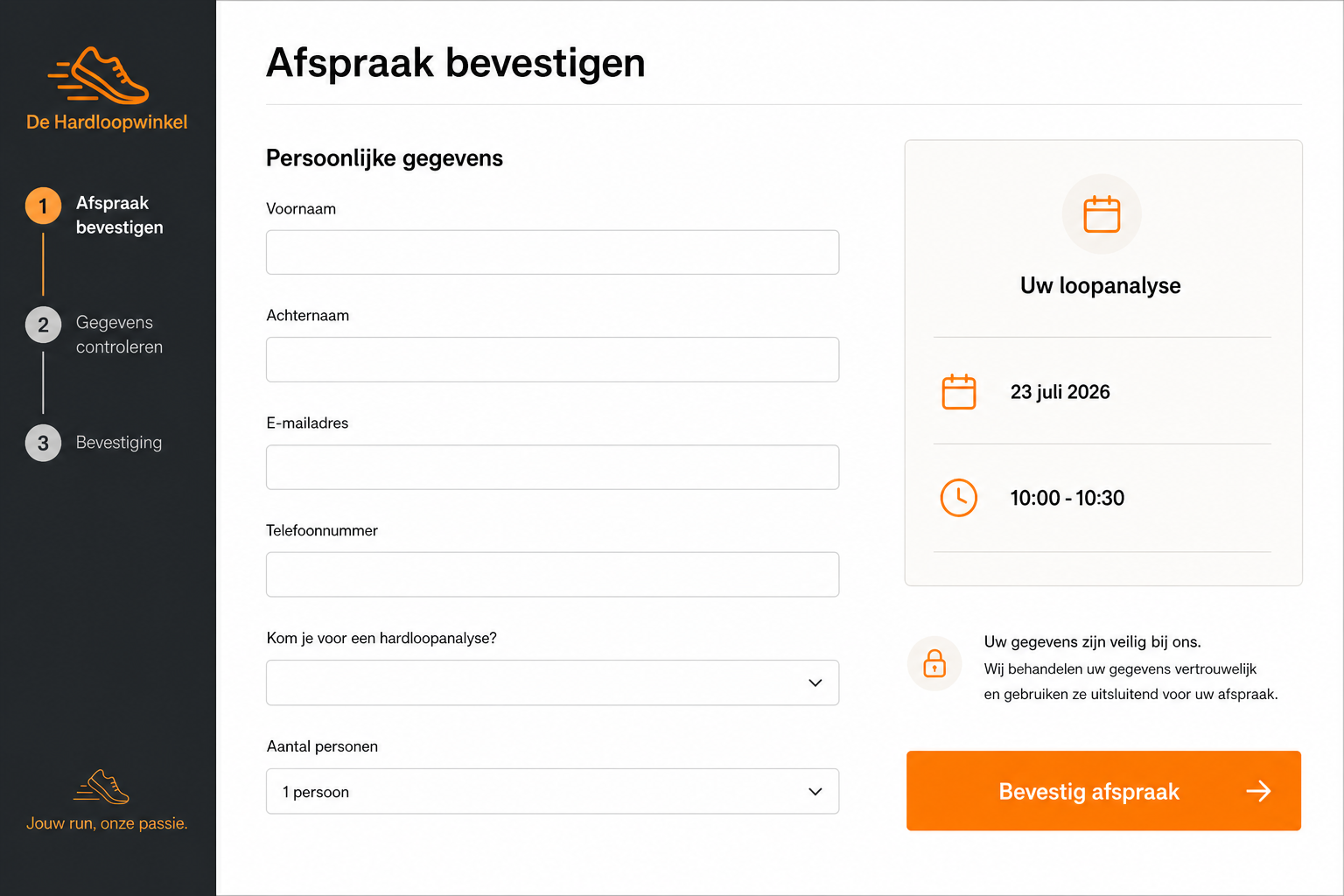 Screenshot van het De Hardloopwinkel bevestigingsformulier